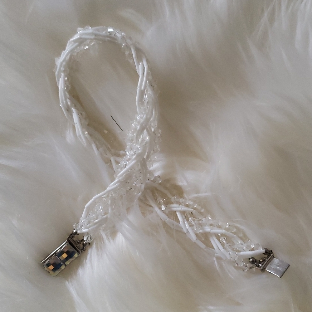 Antique White Glass & Crystal Beaded Bracelet